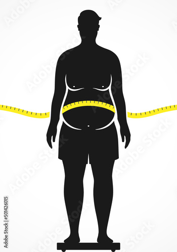 A fat man standing on scales with a tape measure around his body, vector silhouette isolated on white background. Weight control, or dieting concept design.