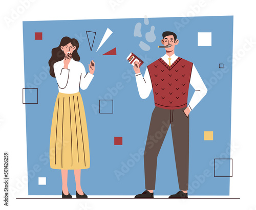 Nicotine addiction concept. Young woman suffocates from unpleasant smell of cigarettes. Man talks to girl and smokes. Bad habit harmful to health. Cartoon contemporary flat vector illustration