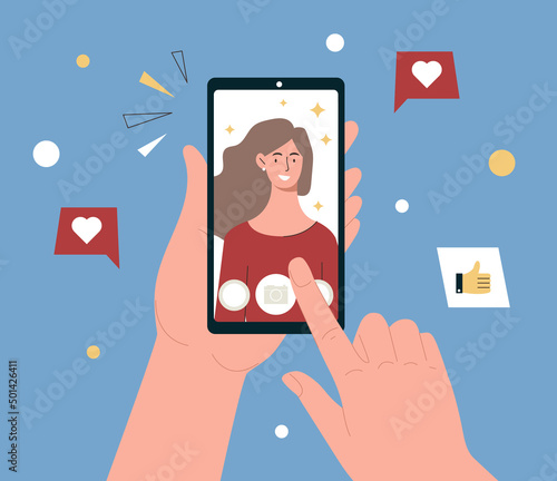 Women take selfie concept. Young girl holds smartphone in her hands and takes beautiful photo for social networks. Character takes picture of his face. Cartoon modern flat vector illustration