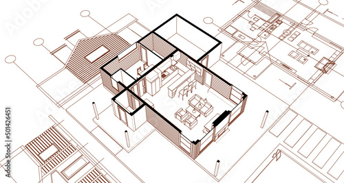 wooden architecture sketch 3d rendering