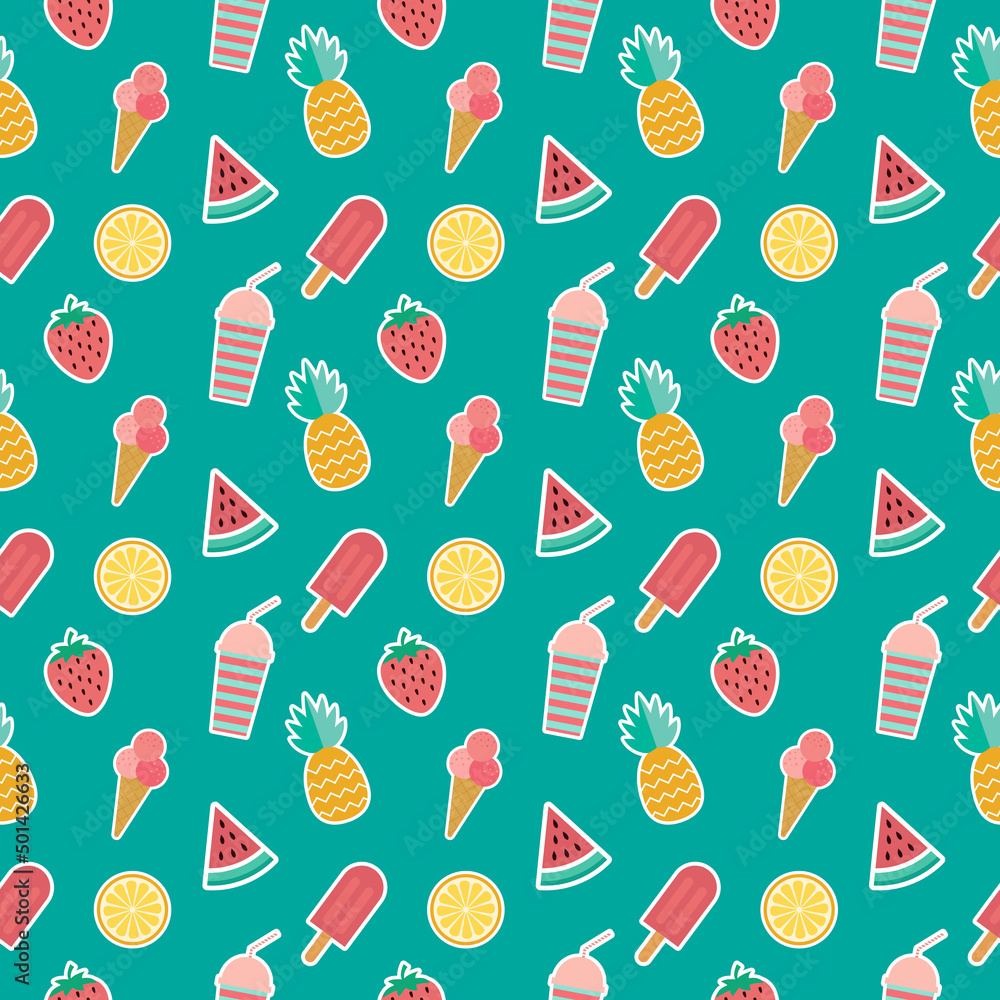 Colorful summer seamless pattern with tropical fruits, ice cream, Toucan, Flamingo, and summer icons Memphis style. Summer seamless vector illustration. Colorful summer seamless pattern with tropical fruits, ice cream, Toucan, Flamingo, and summer icons Memphis style. Summer seamless vector illustration.