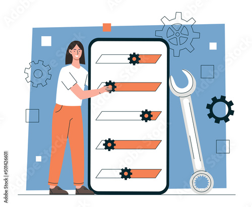 Woman makes adjustment on smartphone concept. Young smiling woman adjusts various parameters on screen of large phone. User interface settings. Ease of use. Cartoon modern flat vector illustration