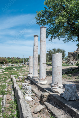 Columns lined up along the ancient Roman tract in the ancient city of Side, Turkish Riviera.