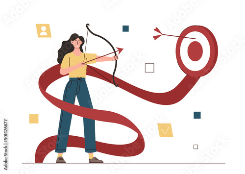 Personal development and achievement of goals. Girl with bow and arrows shoots exactly at target. Motivated and ambitious entrepreneur strives for success in business. Cartoon flat vector illustration