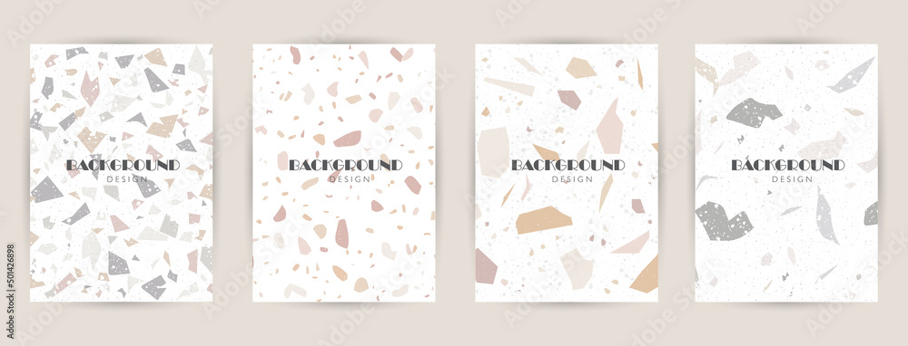 Modern abstract design templates with terrazzo texture. Realistic marble texture. Greeting cards, posters, banners for online and offline stores. Creative magazine covers, wedding invitations, flyers