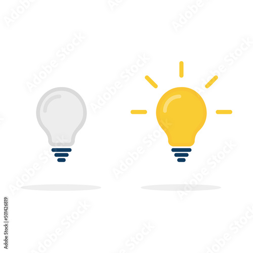 Flat Light Bulbs Turned on and Turned Off with Light Switches on Turquoise Background. Bright Idea Concept. Creative Thinking.