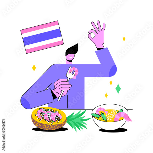 Thai cuisine abstract concept vector illustration. Thai traditional food, oriental cuisine restaurant menu, thailand spicy taste, asian recipe, takeout meal, gourmet market abstract metaphor.