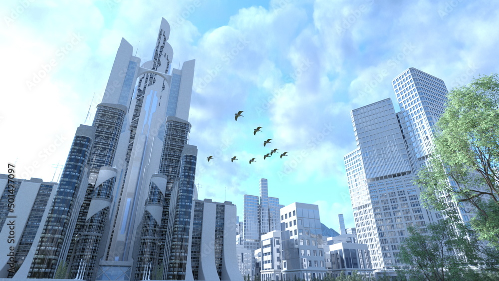 Obraz premium モダンな高層ビルと渡り鳥