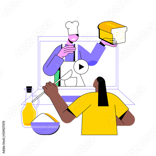 Online cooking tutorial abstract concept vector illustration. Food preparation class, culinary video course, home chef, food blogger, social media influencer, kitchen training abstract metaphor.