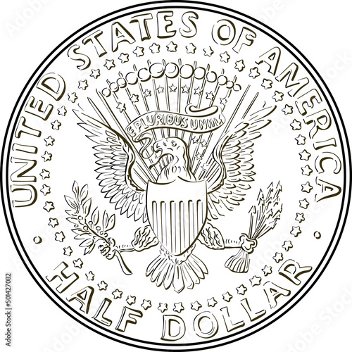 Black and white United States coin Half dollar with Presidential Seal on reverse