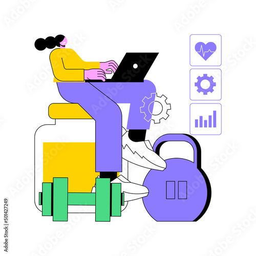 Fitness-focused workspace abstract concept vector illustration. Fitness-focused lifestyle, health-conscious workspace, modern office, gym subscription, employee well-being abstract metaphor.