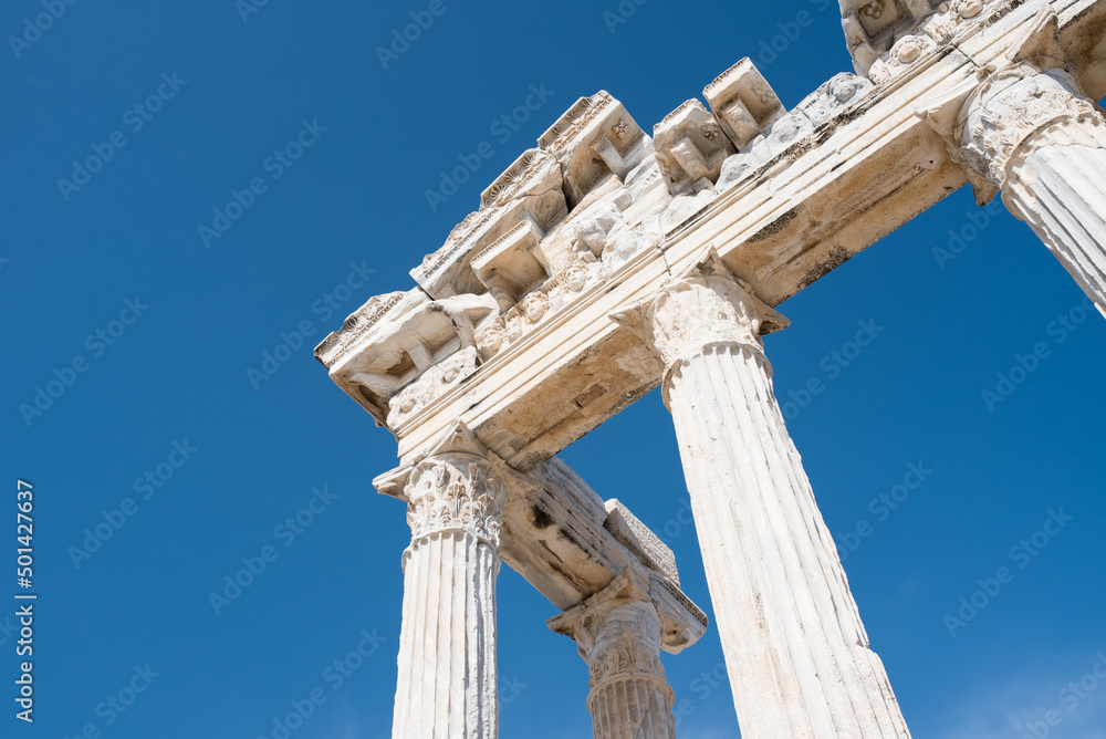 Architecture of the Temple of Apollo on the blue sky. Side, Turkish riviera. 