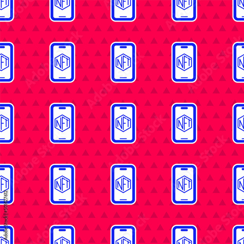 Blue Mobile with art store app icon isolated seamless pattern on red background. Technology of selling NFT tokens for cryptocurrency. Non fungible token. Vector