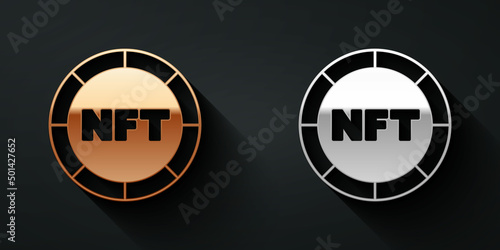 Gold and silver NFT Digital crypto art icon isolated on black background. Non fungible token. Long shadow style. Vector