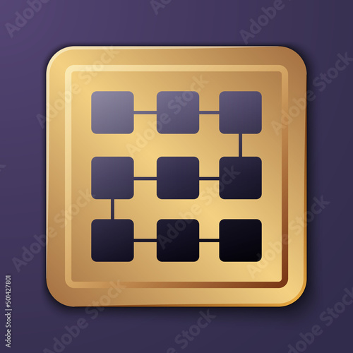 Purple NFT blockchain technology icon isolated on purple background. Non fungible token. Digital crypto art concept. Gold square button. Vector