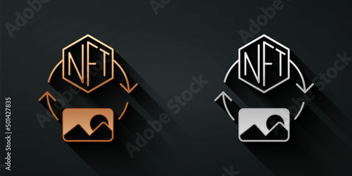 Gold and silver NFT Digital crypto art icon isolated on black background. Non fungible token. Long shadow style. Vector