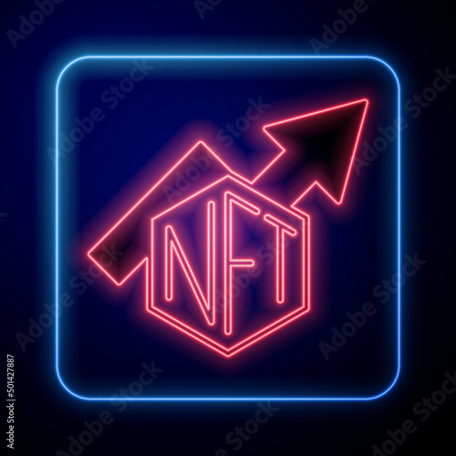 Glowing neon NFT growth bar chart icon isolated on black background. Non fungible token. Digital crypto art concept. Vector