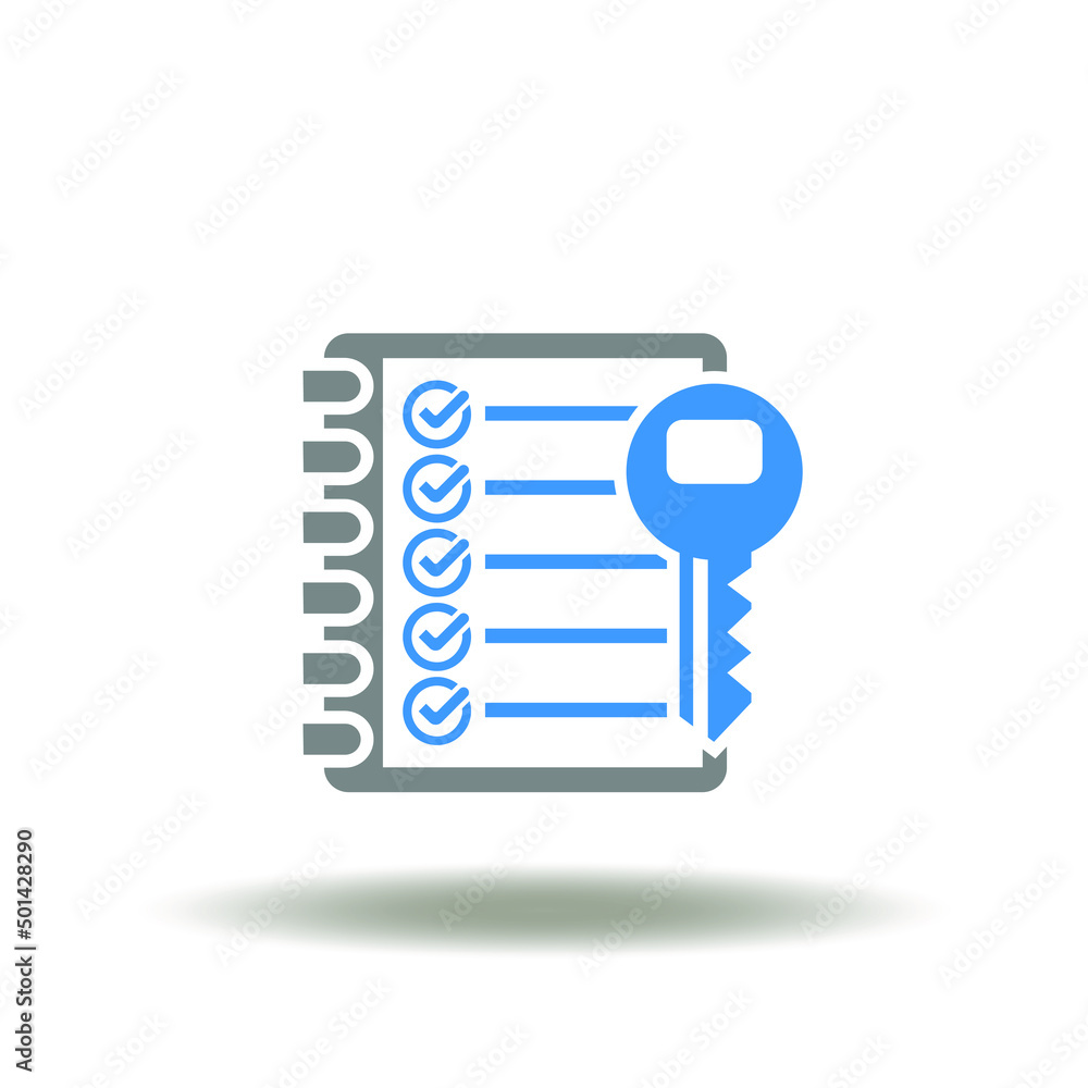 Vector illustration of checklist with key. Icon of security, access, privacy, checkup. Symbol of PCIDSS Payment Card Industry Data Security Standard. Vector illustration of checklist with key. Icon of security, access, privacy, checkup. Symbol of PCIDSS Payment Card Industry Data Security Standard.