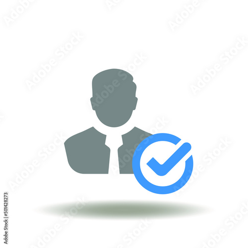 Vector illustration of businessman with check mark. Icon of recruitment. Symbol of talent. Sign of HR Human Resources.