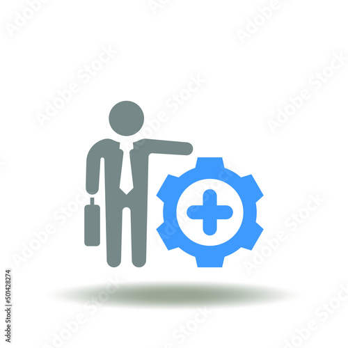 Vector illustration of businessman hand pointing gear with plus. Icon of employee benefits. Symbol of worker perks compensation.