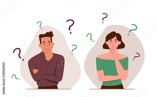 Thinking and Problem solving concept. Young man and woman ask questions, think and look for answers. Confused couple or employees with doubts and difficulties. Cartoon flat vector illustration