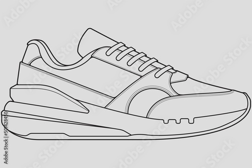 Shoes sneaker outline drawing vector, Sneakers drawn in a sketch style, black line sneaker trainers template outline, vector Illustration.
