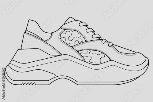 Shoes sneaker outline drawing vector, Sneakers drawn in a sketch style, black line sneaker trainers template outline, vector Illustration.
