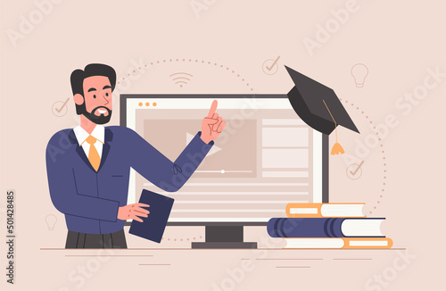 Online lecture concept. Male university professor stands next to computer monitor and conducts webinar. Bachelor or master degree diploma. Online platform. Cartoon modern flat vector illustration