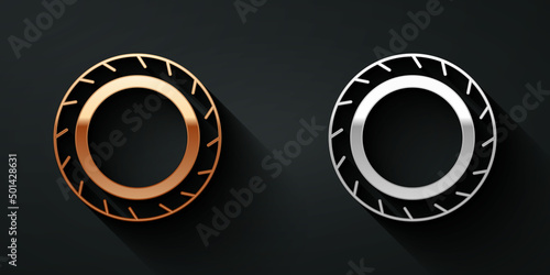 Gold and silver Car tire wheel icon isolated on black background. Long shadow style. Vector