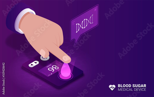 Medical Glucometer concept. Colorful gradient landing page template with hand measuring blood glucose levels. High blood sugar. Diabetes or lack of insulin. Cartoon isometric vector illustration