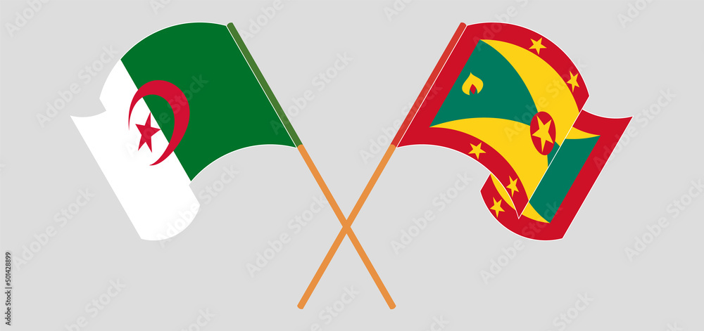 Crossed and waving flags of Algeria and Grenada Crossed and waving flags of Algeria and Grenada