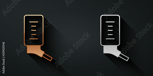 Gold and silver Automatic drinker for small pets icon isolated on black background. Long shadow style. Vector