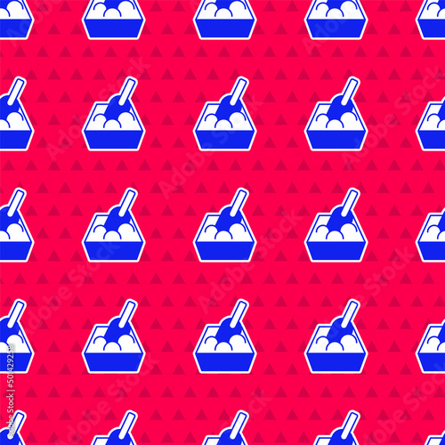 Blue Cat litter tray with shovel icon isolated seamless pattern on red background. Sandbox cat with shovel. Vector