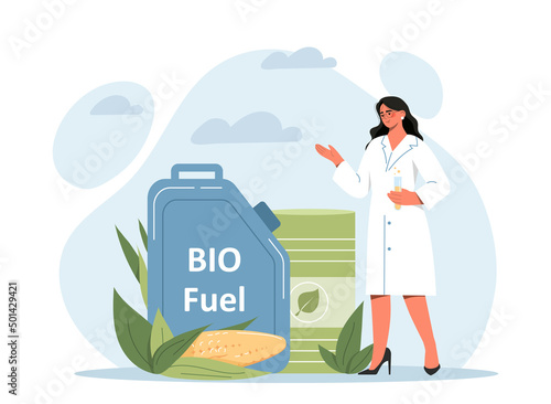 Biofuel from plants concept. Young female scientist in uniform holds flask of liquid organic Petrol and stands next to large canister and barrel of corn fuel. Cartoon flat vector illustration