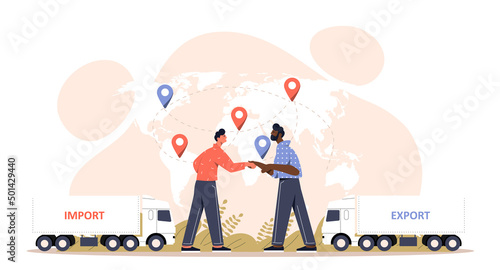 Cargo Export and Import concept. Male entrepreneurs stand next to trucks with cargo and shake hands. Global logistics or delivery from different countries of world. Cartoon flat vector illustration