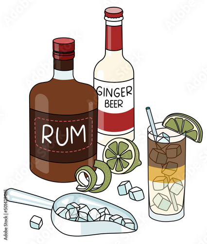 Doodle cartoon Dark and Stormy cocktail and ingredients composition. A bottle of black rum and ginger beer, lime and ice scoop. For bar menu, stickers or alcohol cook book recipe.