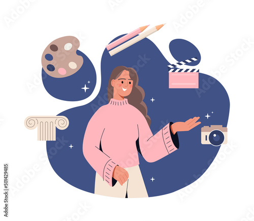 Creative mindset concept. Young smiling woman enjoys drawing, art, films and photography. Creative female character looking for inspiration or new ideas. Cartoon modern flat vector illustration