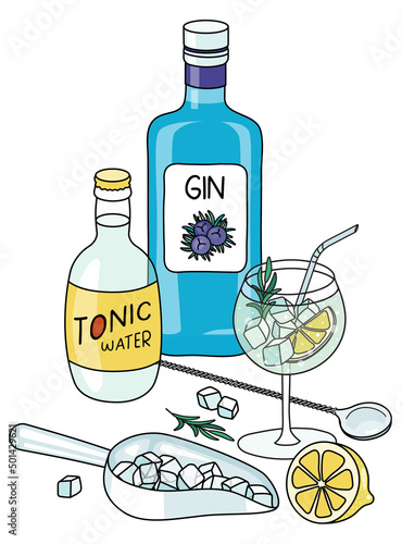 Doodle cartoon gin and tonic cocktail and ingredients composition. A bottle of gin and tonic water, lemon and ice scoop. For bar menu, stickers or alcohol cook book recipe.