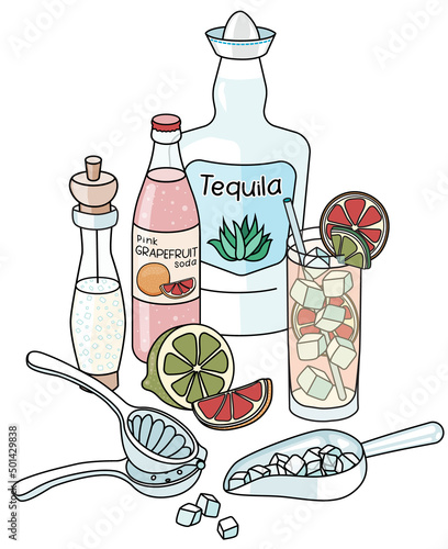 Doodle cartoon Paloma cocktail and ingredients composition. A bottle of silver tequila and pink grapefruit soda, salt, lime and ice scoop. For bar menu, stickers or alcohol cook book recipe.