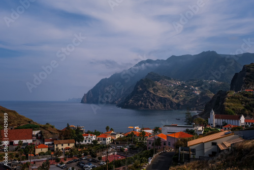 PORTO DA CRUZ, PORTUGAL - October 2021: Madeira island coast at PORTO DA CRUZ, PORTUGAL. View from Miradouro do Porto da Cruz.