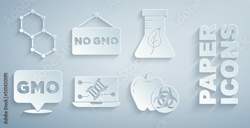 Set Genetic engineering modification, Test tube and flask, GMO, Genetically modified apple, No and Chemical formula icon. Vector