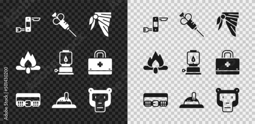 Set Swiss army knife, Syringe, Bandana or biker scarf, Hunting cartridge belt, Hunter hat, Monkey, Campfire and Camping lantern icon. Vector