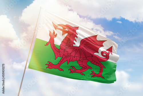 Sunny blue sky and a flagpole with the flag of wales photo