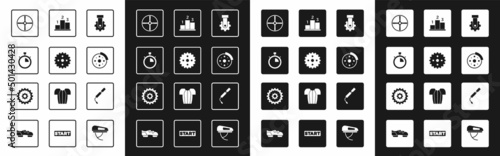 Set Derailleur bicycle rear, Bicycle sprocket crank, Stopwatch, wheel, brake disc, Award over sports winner podium, air pump and cassette icon. Vector