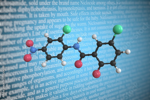 Niclosamide scientific molecular model, 3D rendering photo