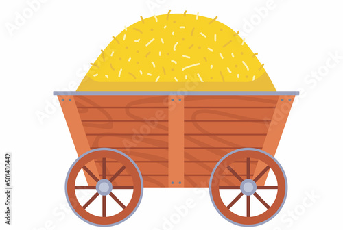 wooden cart with a haystack. rustic farming equipment. flat vector illustration.