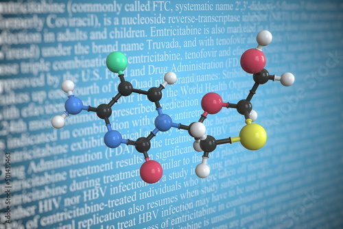 Emtricitabine scientific molecular model, 3D rendering