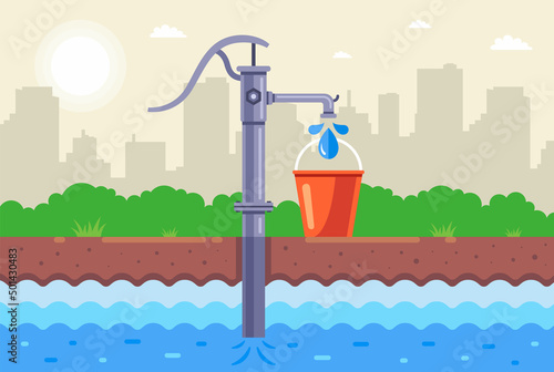 borehole pump pumps water into a bucket. collect drinking water. flat vector illustration.