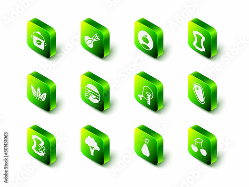 Set Onion, Apple, Leather, Steak meat, Fresh berries, Genetically modified chicken, Pear and Broccoli icon. Vector