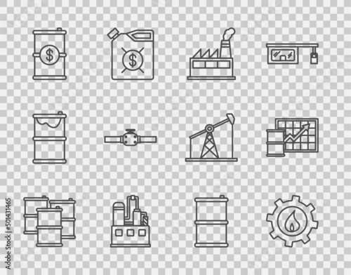 Set line Barrel oil, Oil industrial factory building, with dollar, Industry pipes and valve, and price increase icon. Vector